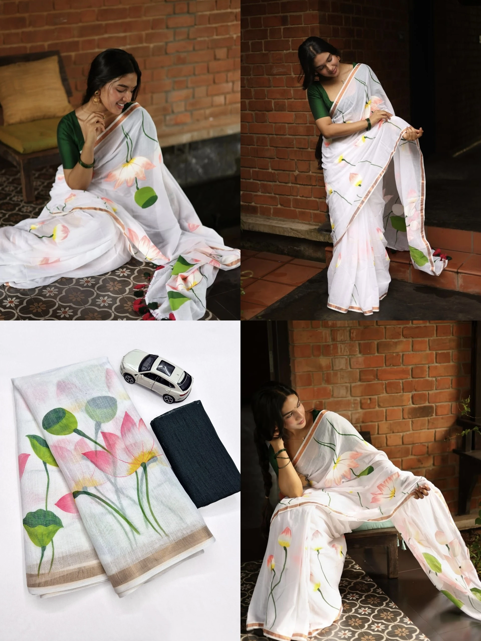 Premium Linen Digital Print Saree with Gold Zari Border & Matching Digital Blouse