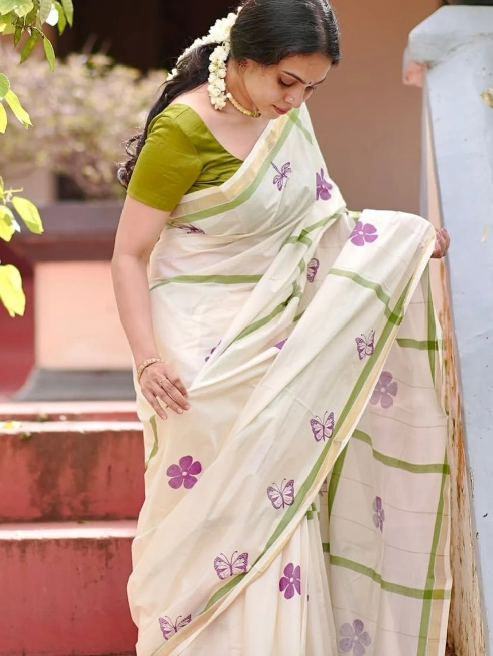 Premium Linen Digital Print Saree with Gold Zari Border & Matching Blouse | Free Shipping | COD Available