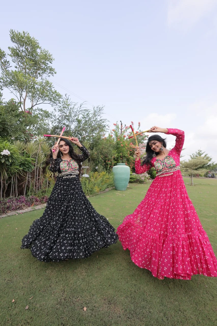 Women's Bandhani Print Faux Georgette Gown with Kutchi Patchwork | Full Sleeves | Free Shipping | COD Available