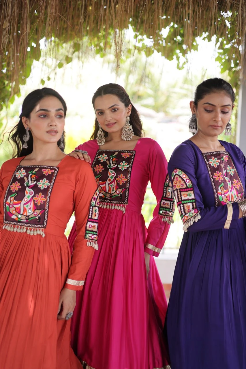 Women's 14 KG Rayon Kutchi Gamthi Thread Work Gown | 12 Meter Flair | Free Shipping | COD Available