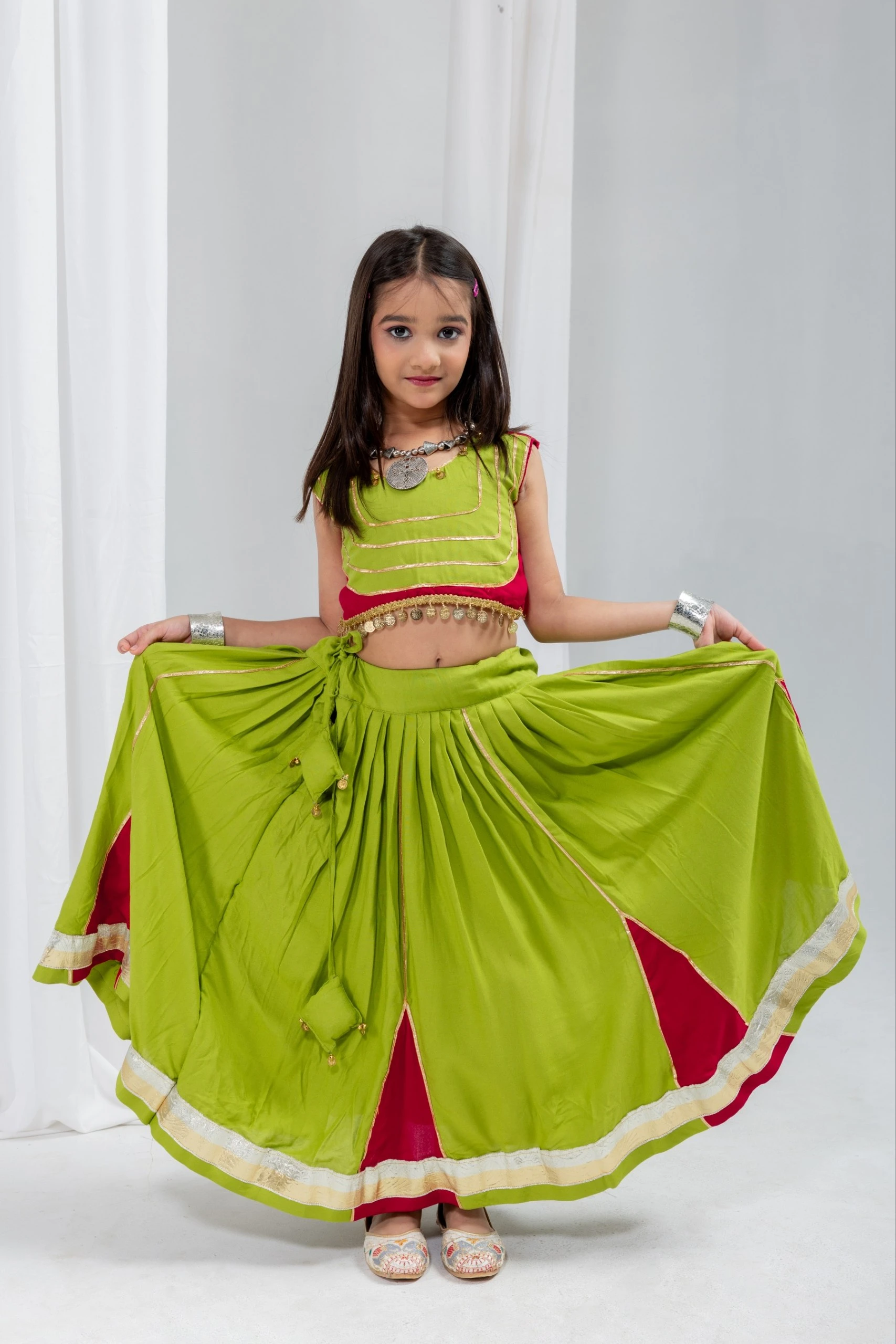 Girls Navratri Lehenga Choli Set | Parrot & Cherry | Pure 21 KG Rayon Cotton | 2-15 Years | Free Shipping | COD Available