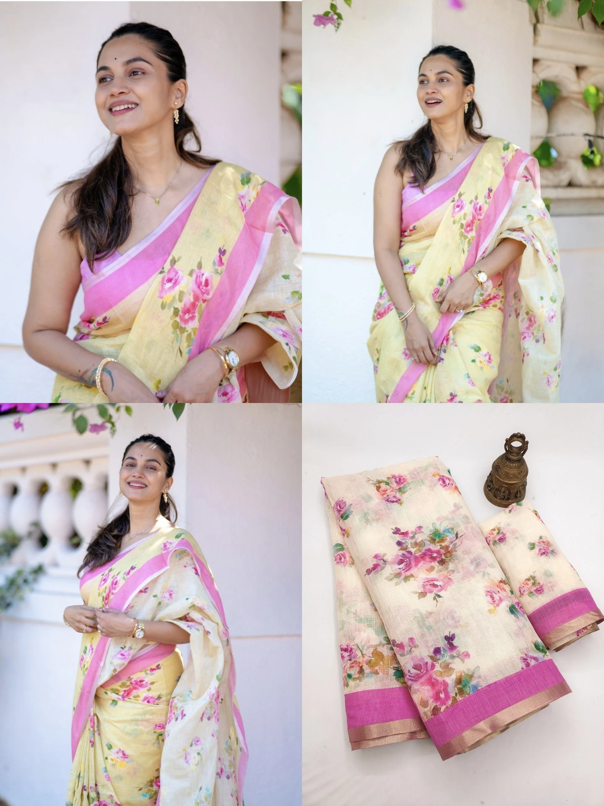 Soft Linen Digital Print Saree with Gold Zari Border & Matching Blouse | 6.30 Meter