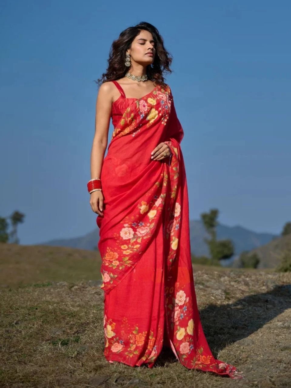 Soft Linen Digital Print Saree with Bangaloiry Satin Blouse
