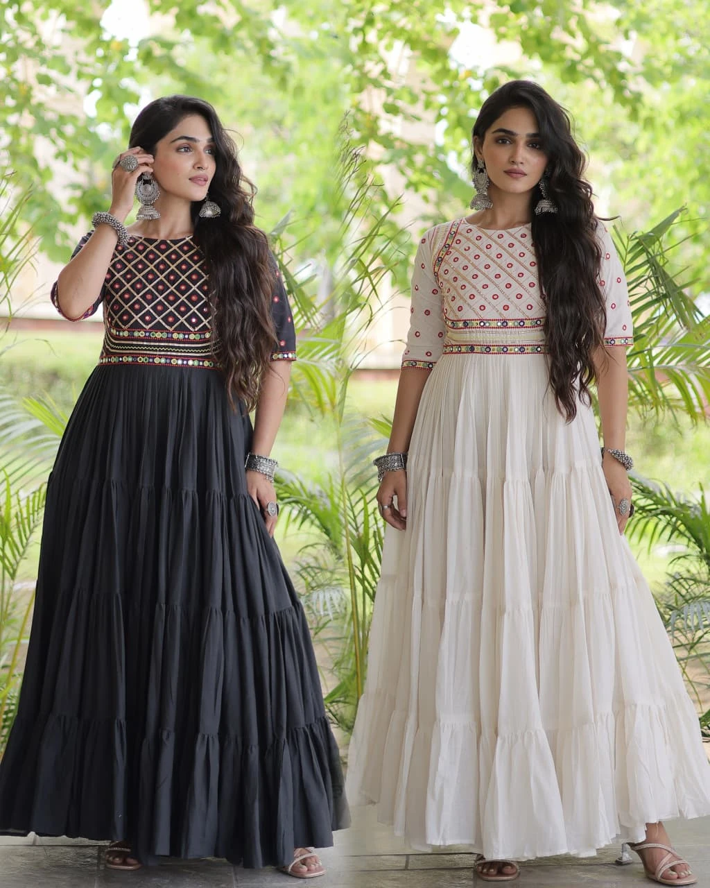 Kora Cotton Gown with Multi-Thread Embroidery, Gota Patti & Mirror Work | 12 Meter Flair