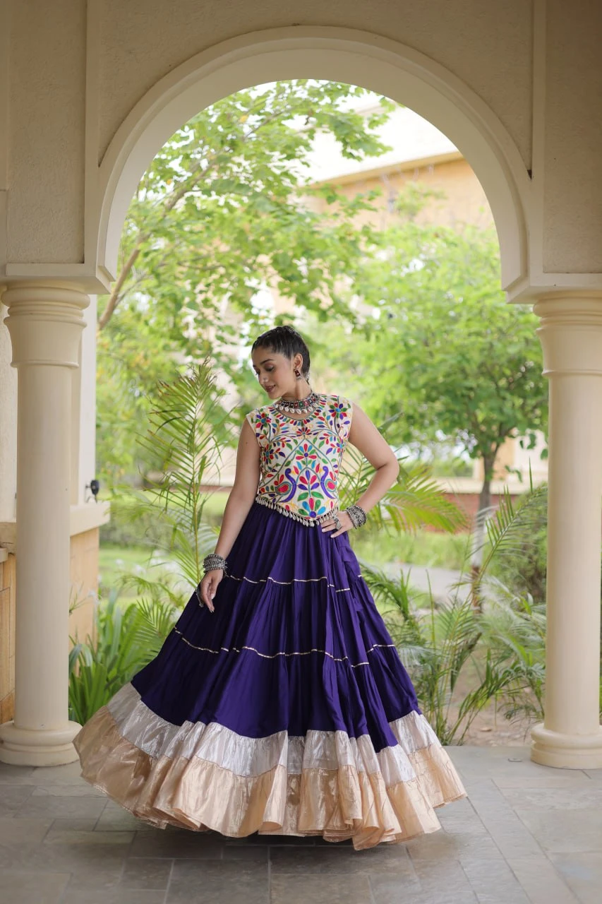 Women’s Rayon Lehenga Choli with Kutchi Work Blouse, Lampi Lace & 12 Meter Flair | Festive & Garba Wear